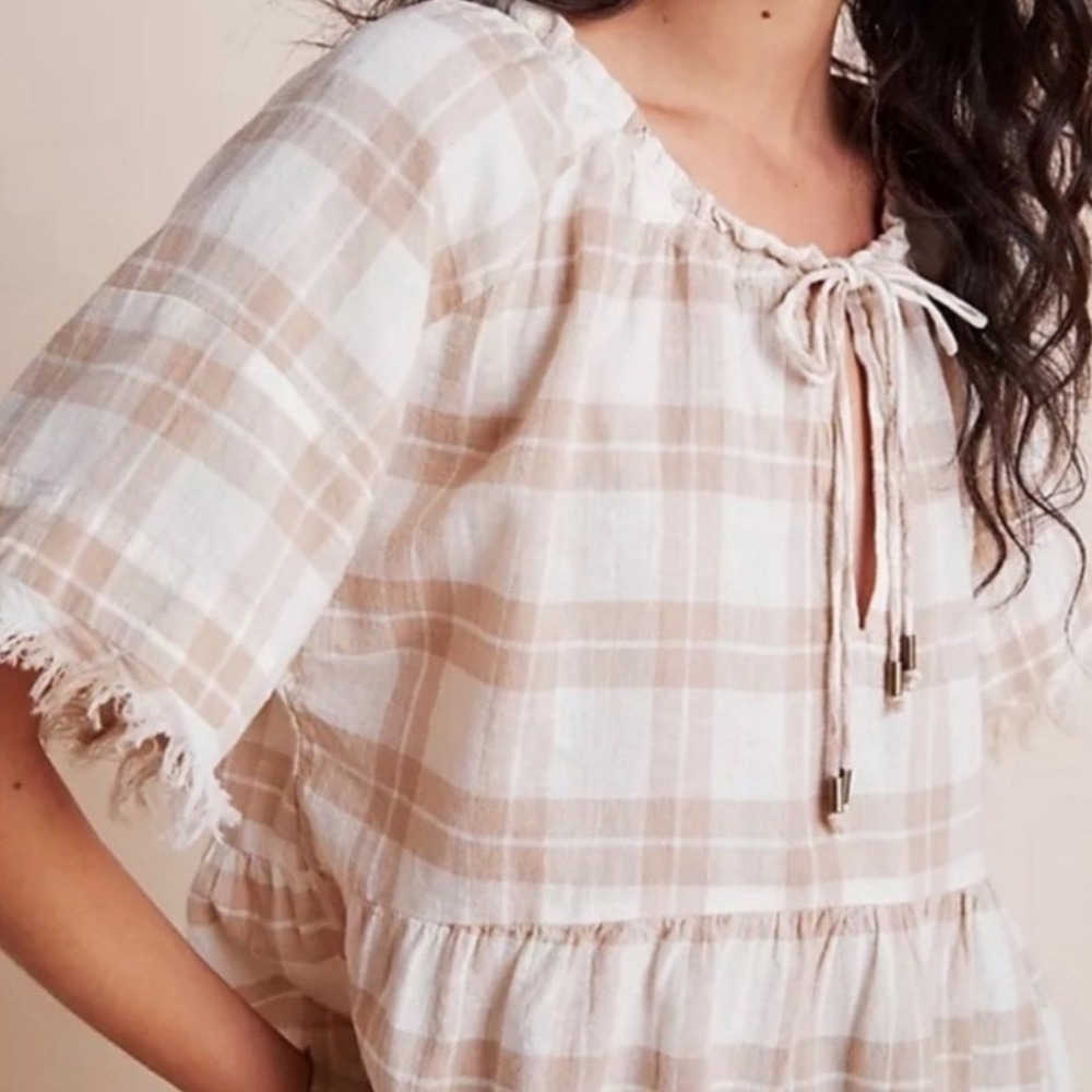Anthropologie Pilcro The Bette Gingham Babydoll Top Small Tan White Linen Cotton